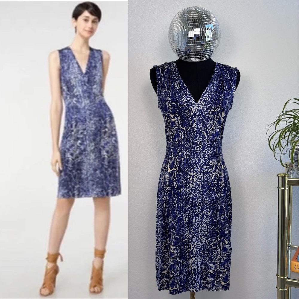 Tory Burch Carly 100% Silk V-Neck Dress XS Blue Snakeskin Print Luxury Reptile